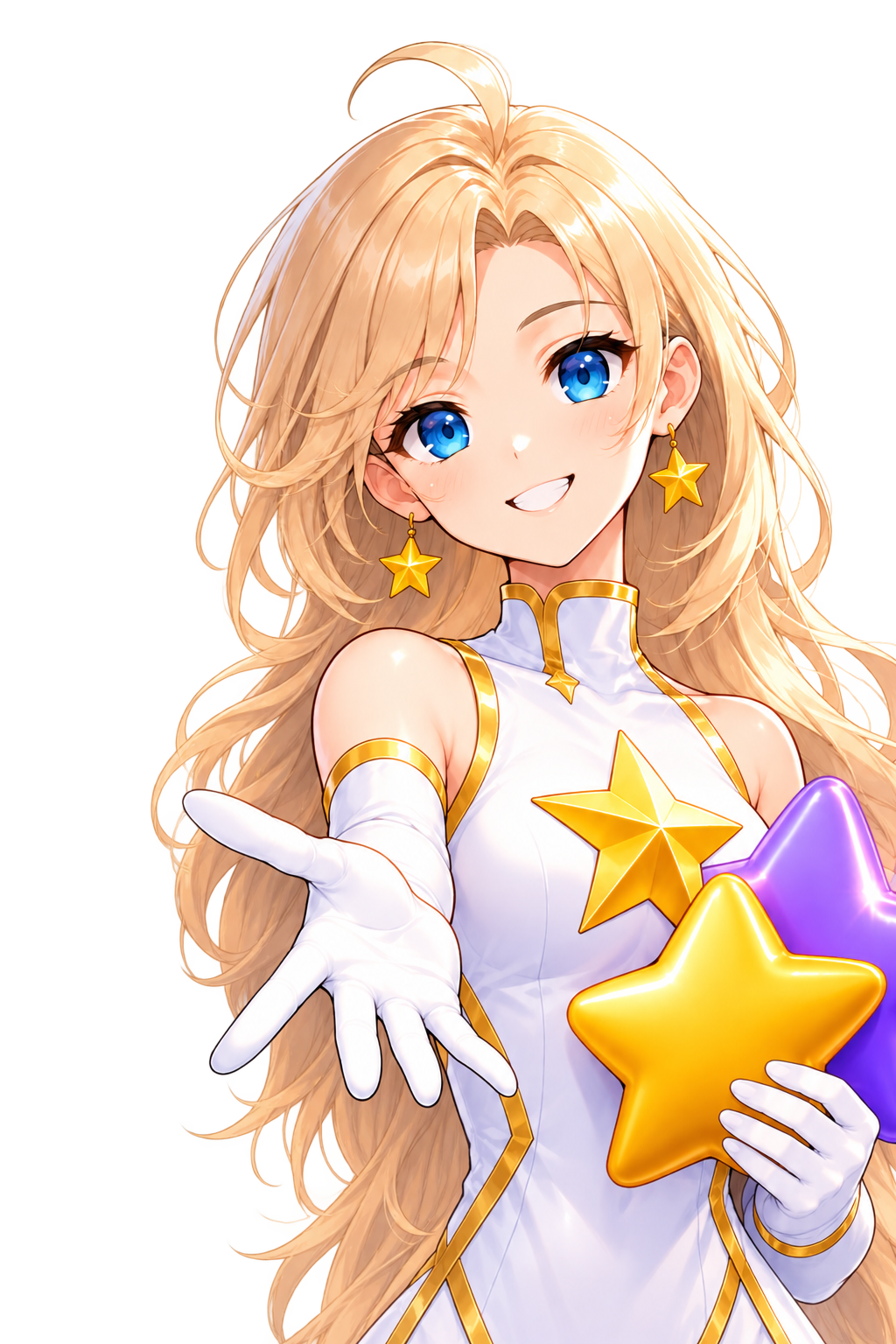 Девушка Star Light протягивает руку и держит золотую и фиолетовую звёзды